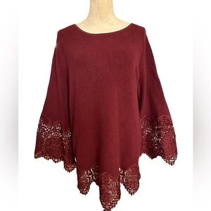 Chico’s burgundy wine belle sleeve ribbon knit lace detail sweater